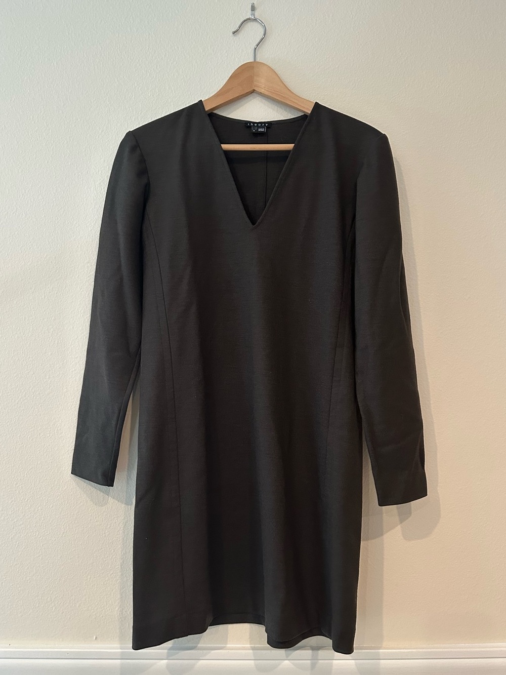 Theory Wool Blend V-Neck Shift Dress Long Sleeve Minimalist Quiet Luxury Brown